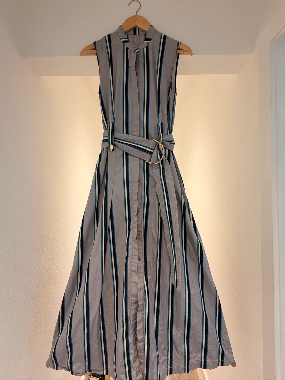 Diane Von Furstenberg Sleeveless Striped Belted Maxi Dress - Gray & Teal - Picture 1 of 1